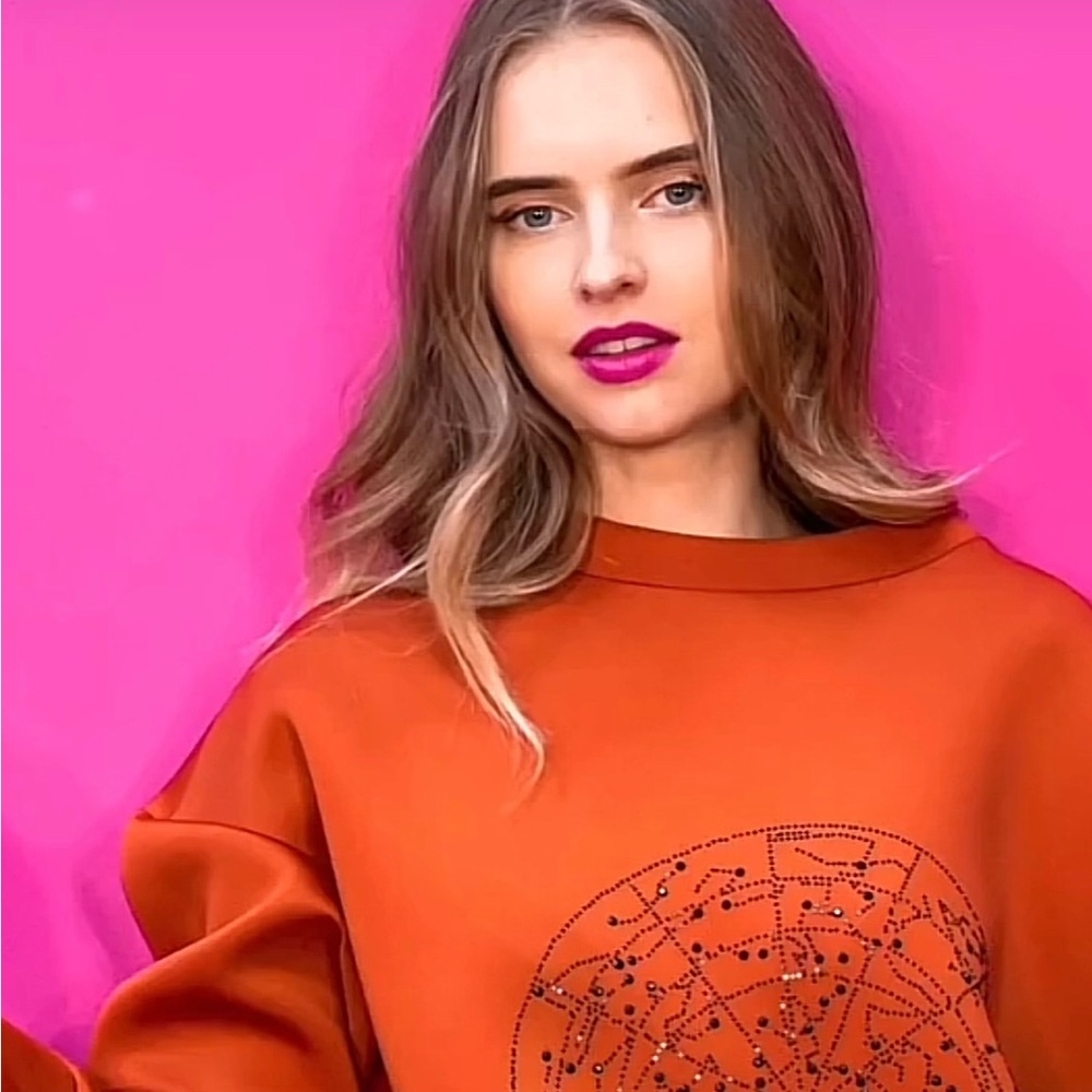 Orange Graphic Stone Printed Women’s Sweater Loose Fit Baggy